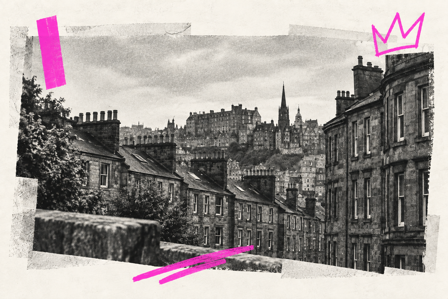Black-and-white city collage with pink accents for Project One